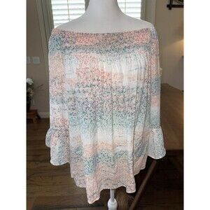 Zac & Rachel Pastel Boho Crinkle Blouse Off Shoulder Bell Sleeve Smocked Neck 1X
